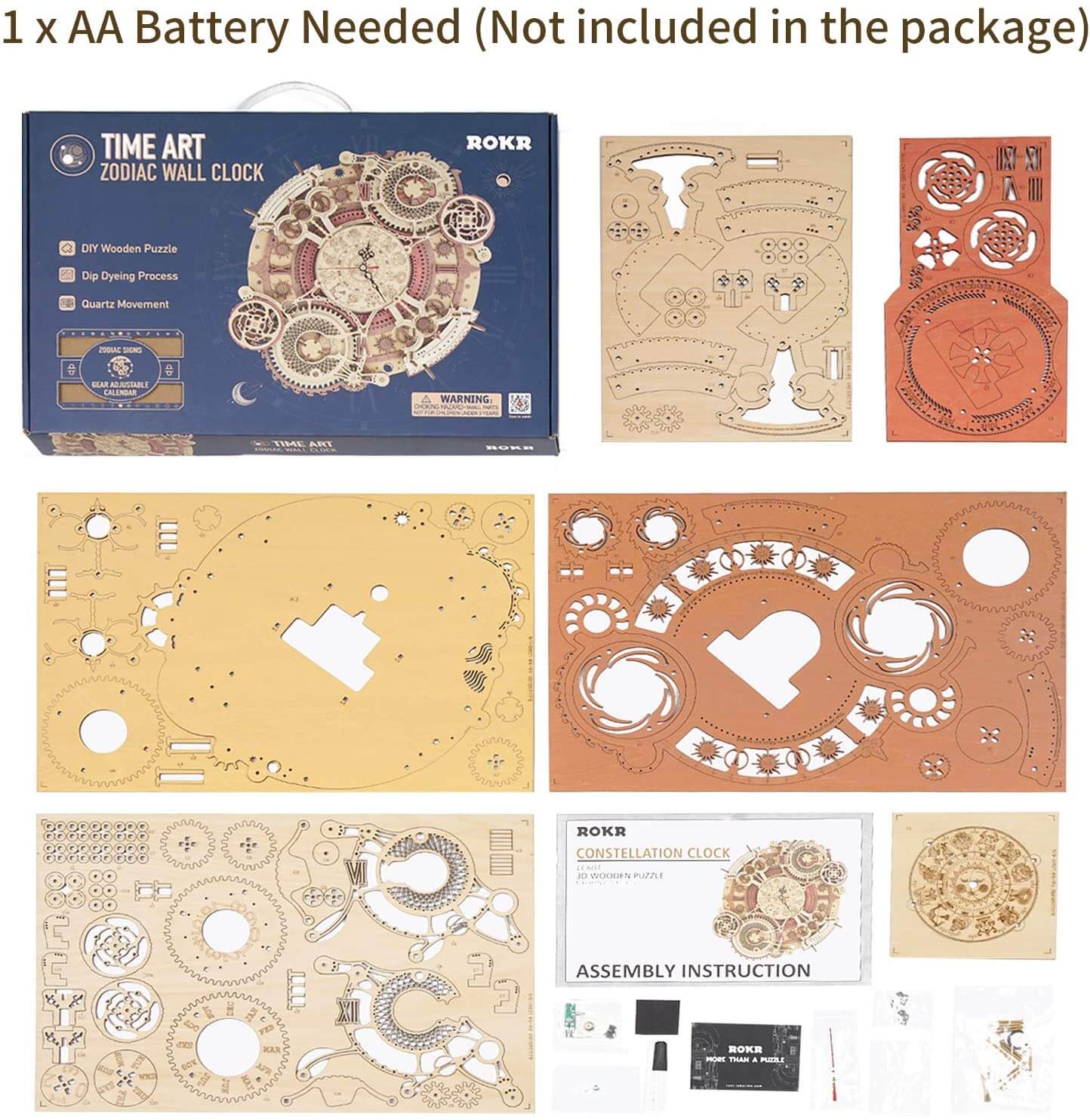 Zodiac Wall Clock Wooden 3D Puzzle DIY Model by ROKR Puzzle Score